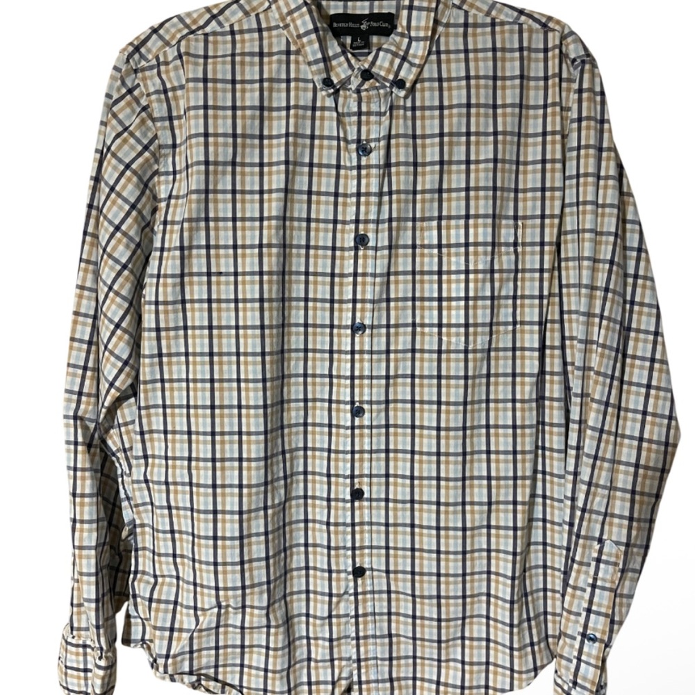 Beverly Hills Polo Club Beige and Navy Plaid Shirt